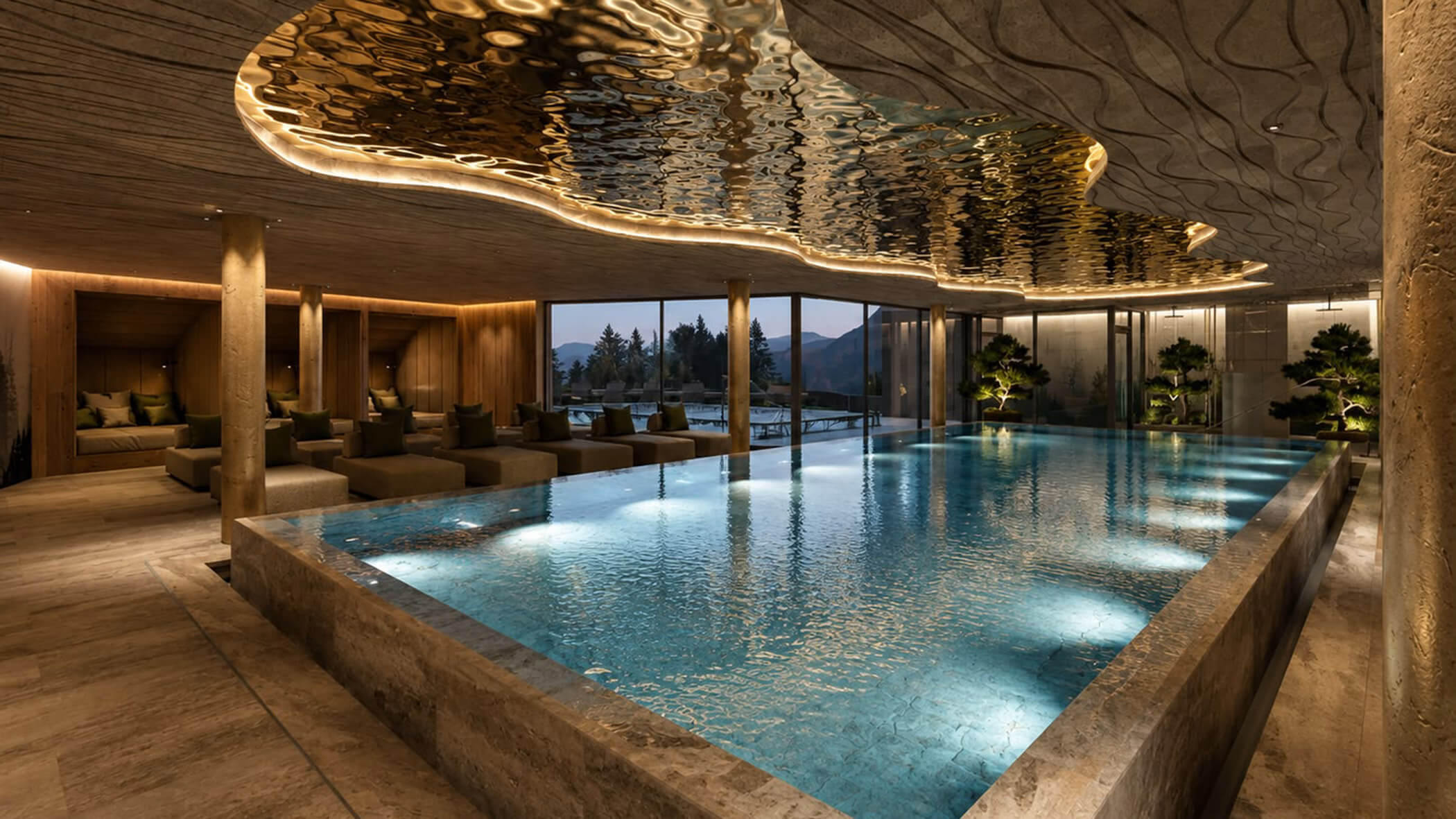 Hallenbad mit einer verspiegelten Decke und Blick auf die Berge. - Hotel DAS ROYAL