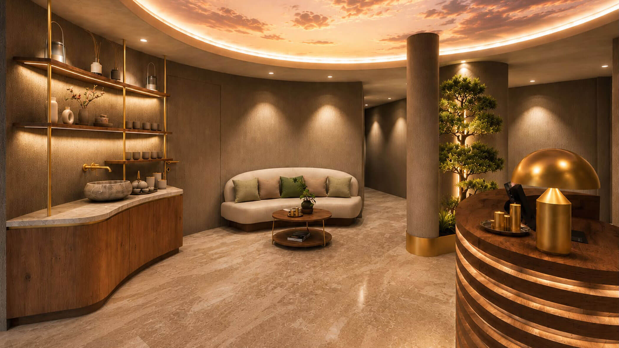 Eine moderne Spa-Lobby mit einem geschwungenen Sofa, einem runden Couchtisch und einer Rezeption. - Hotel DAS ROYAL
