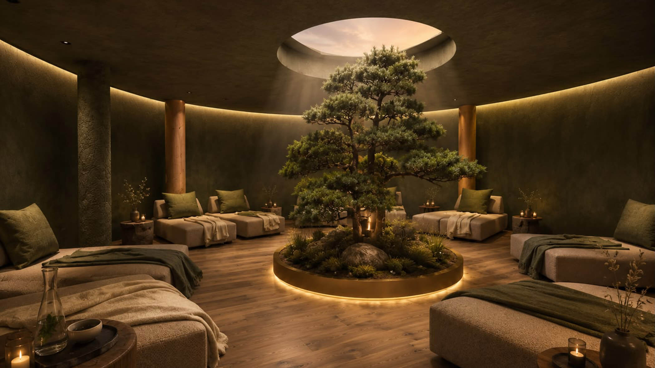 Eine kreisförmige Spa-Lounge mit einem zentralen Bonsai-Baum, der durch ein Oberlicht beleuchtet wird. - Hotel DAS ROYAL
