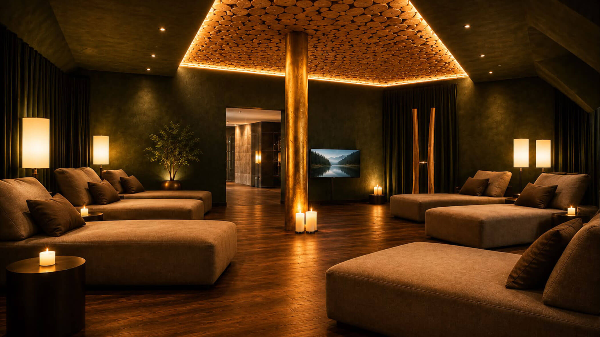 Eine schwach beleuchtete Spa-Lounge mit mehreren Liegestühlen, einer zentralen Säule und brennenden Kerzen. - Hotel DAS ROYAL
