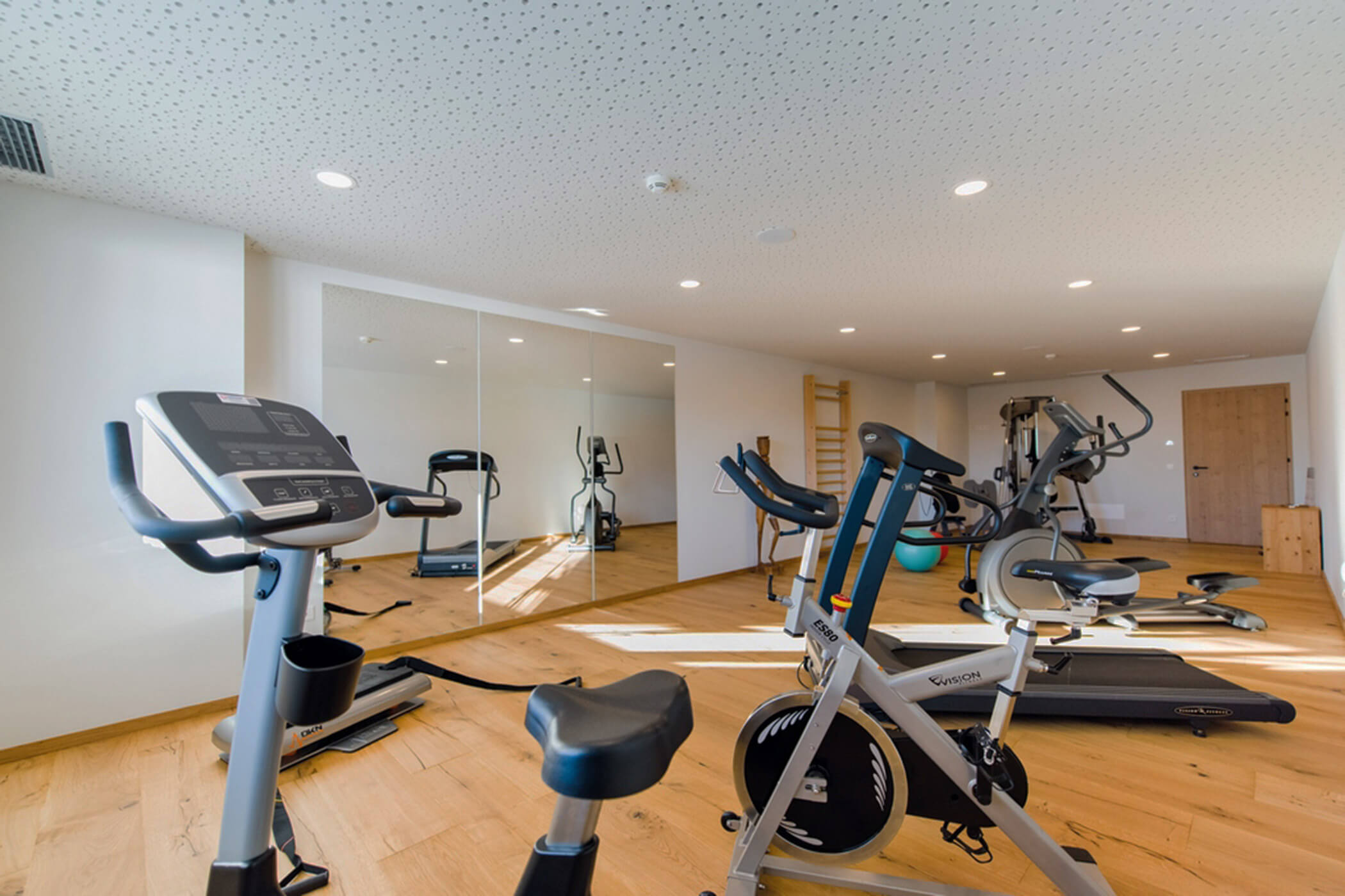 Fitnessraum mit stationären Fahrrädern, einem Laufband und einer Spiegelwand. - Hotel DAS ROYAL