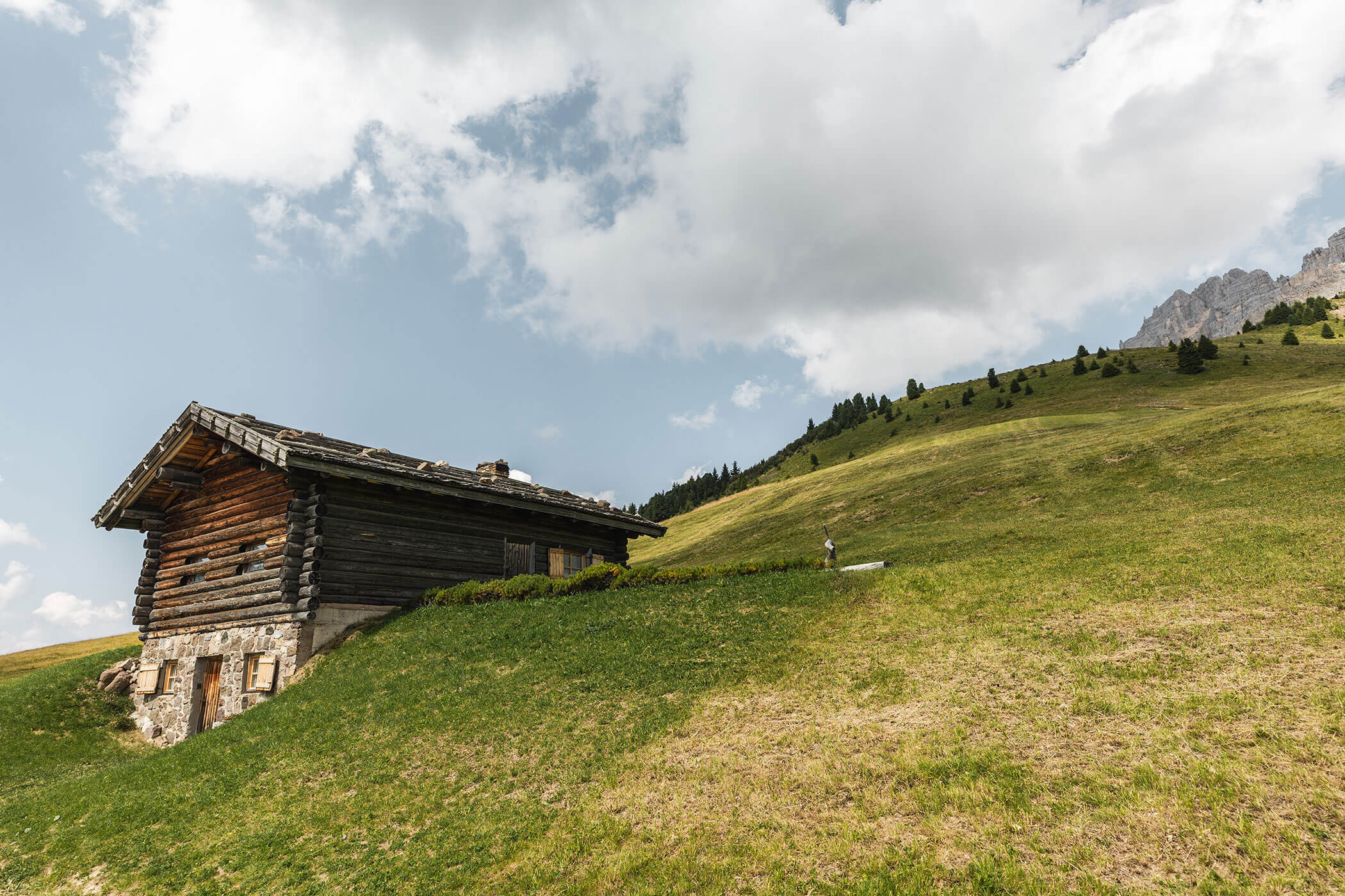 Eine Holzhütte an einem grasbewachsenen Hang unter einem bewölkten Himmel. - Hotel DAS ROYAL