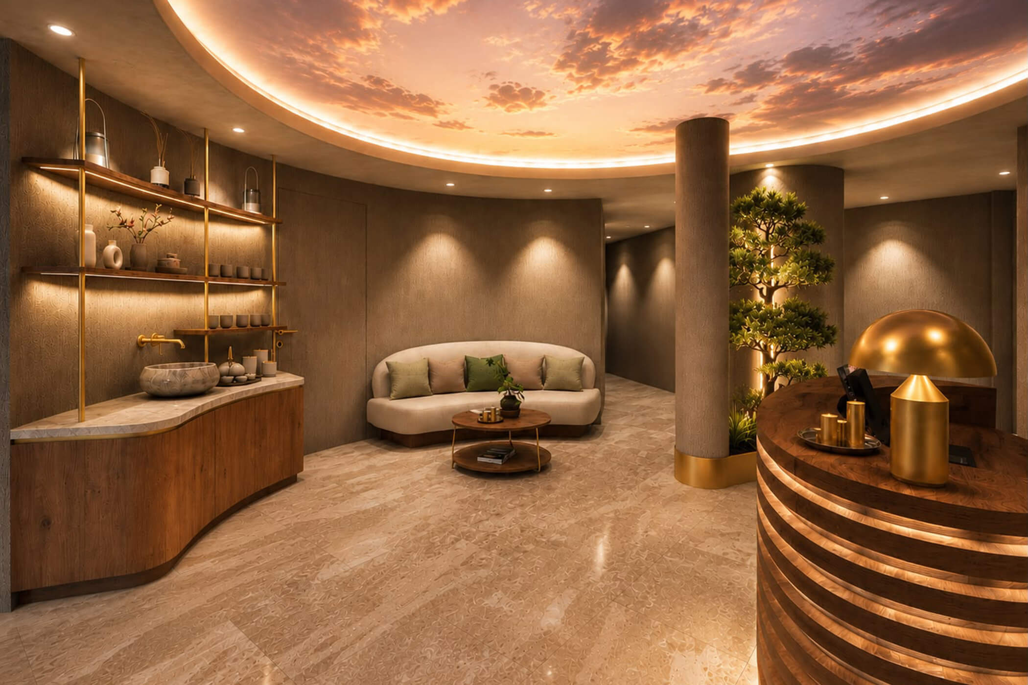 Moderner Empfangsbereich eines Spas mit einem geschwungenen Sofa, Regalen und einer Deckenleuchte mit Wolkenmuster. - Hotel DAS ROYAL