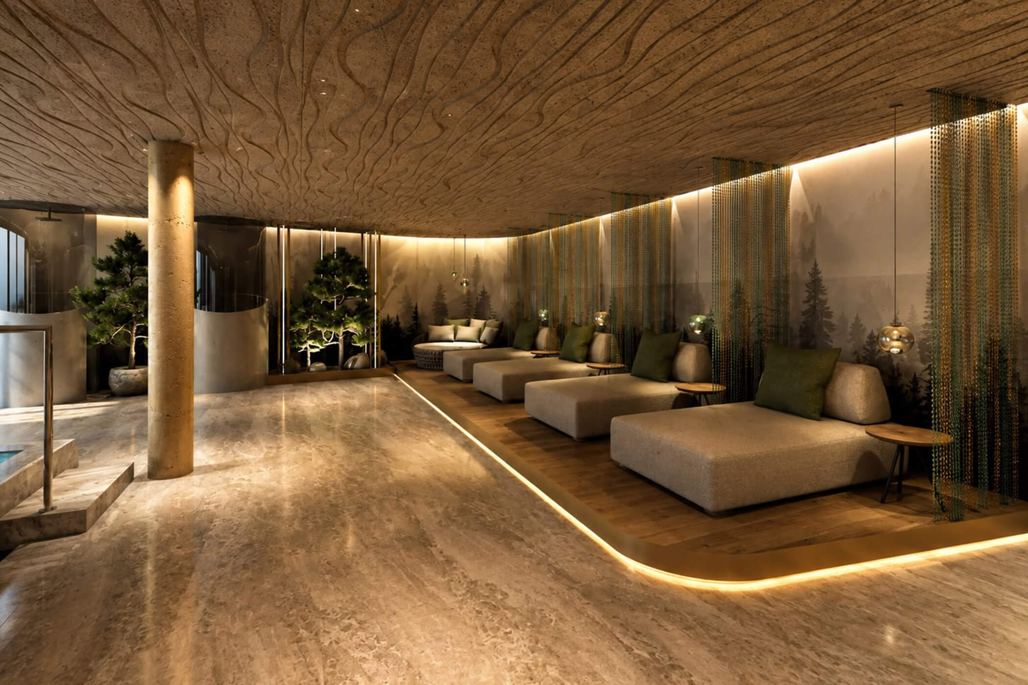Ein Ruheraum mit Liegestühlen, gedämpfter Beleuchtung und Wanddekorationen mit Waldmotiven. - Hotel DAS ROYAL
