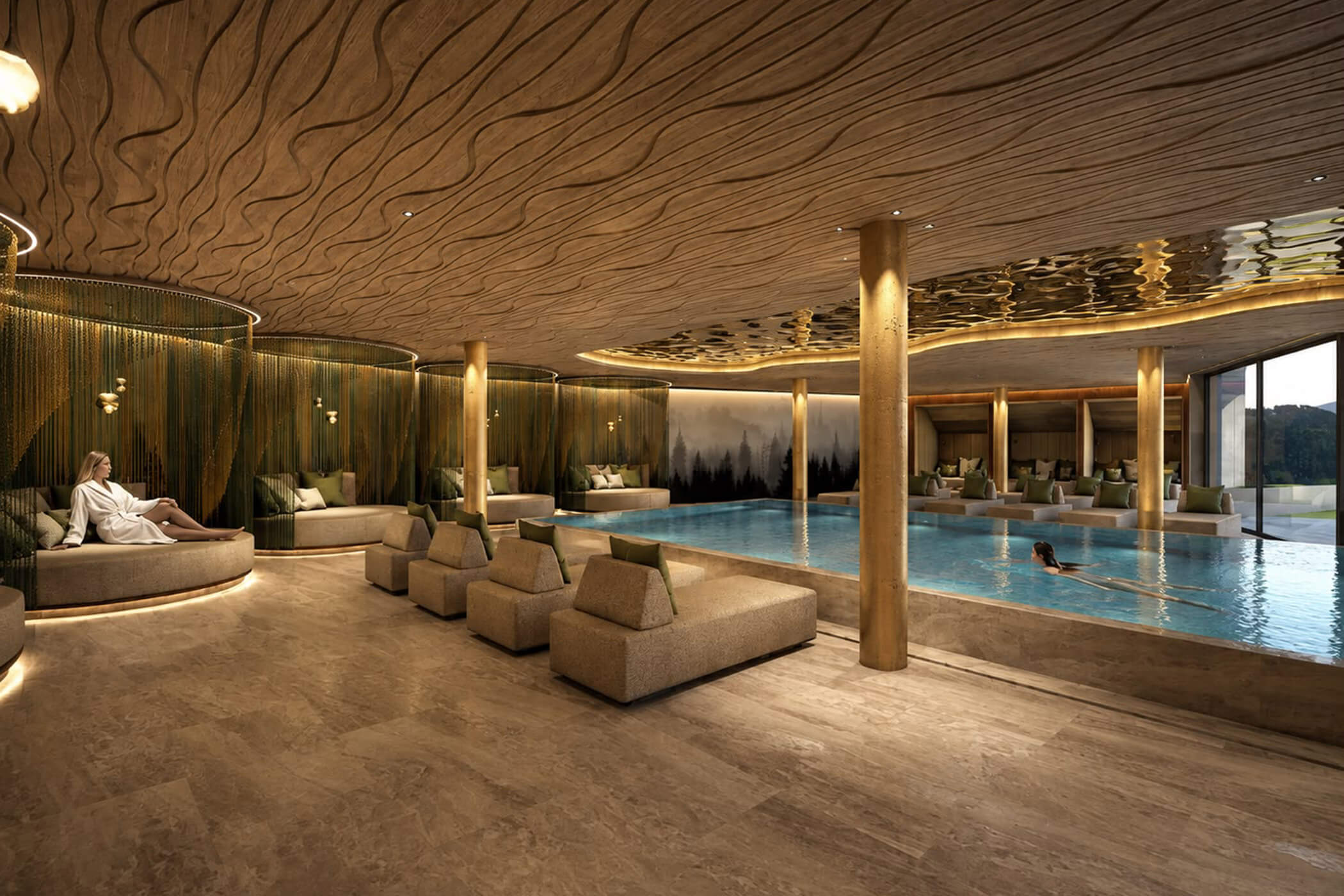 Ein luxuriöser Innenpoolbereich mit Liegestühlen und einer schwimmenden Person. - Hotel DAS ROYAL