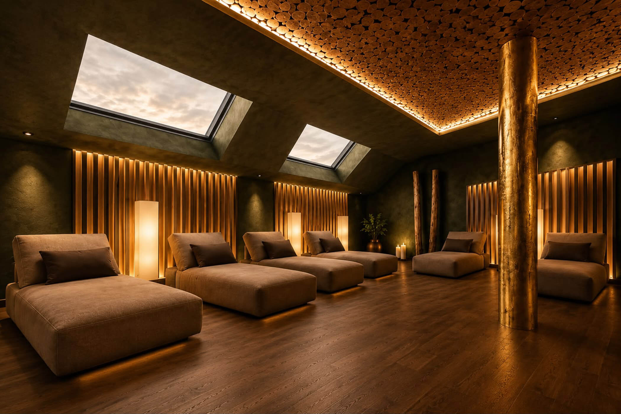 Ein Wellnessraum mit Reihen von Liegestühlen, Wandlamellen aus Holz und Oberlichtern. - Hotel DAS ROYAL