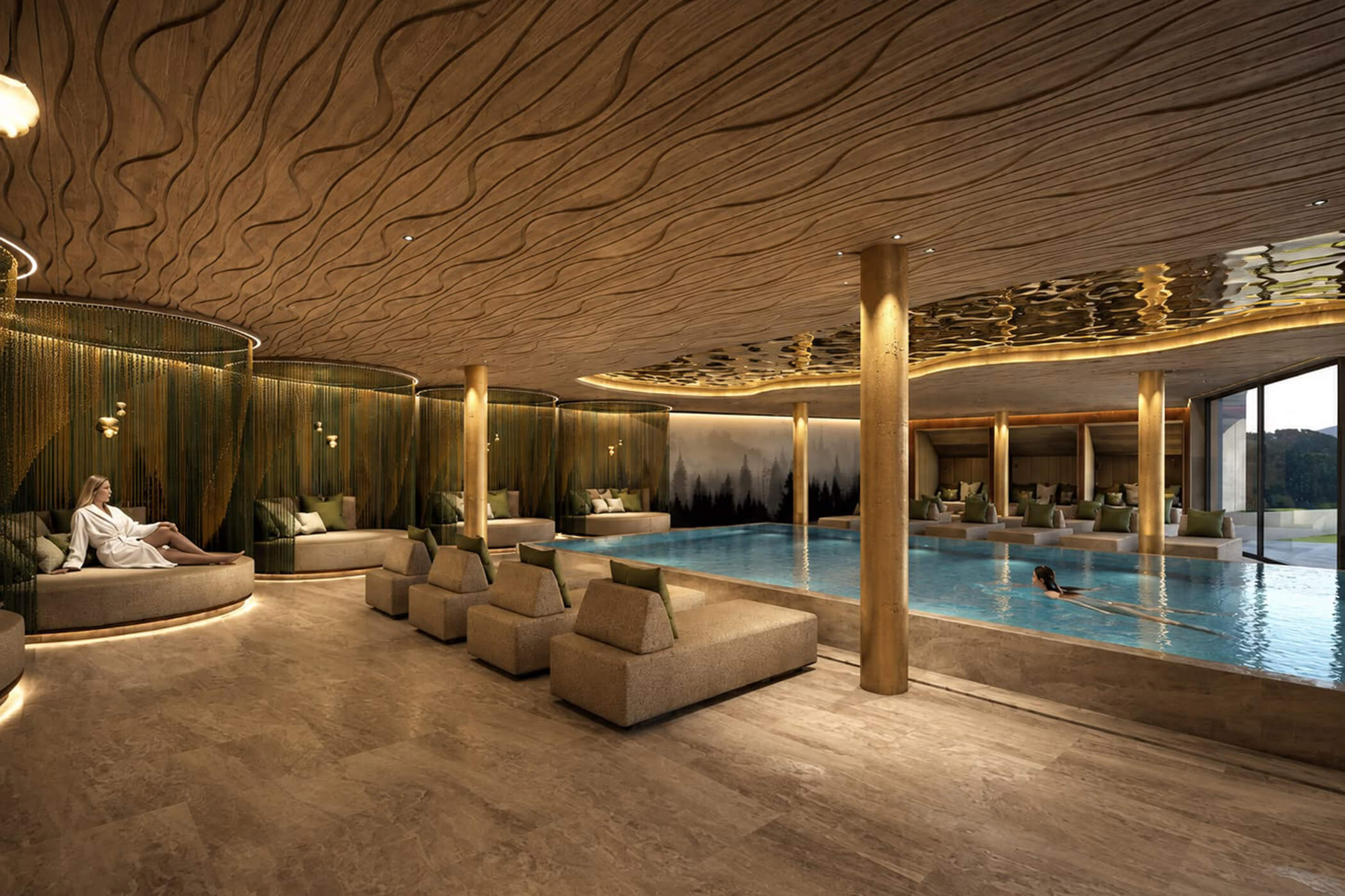 Ein luxuriöses Spa mit einem rechteckigen Innenpool, Sitzgelegenheiten im Lounge-Bereich und einer schwimmenden Frau. - Hotel DAS ROYAL